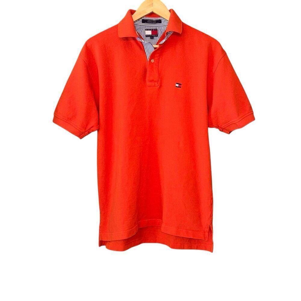 TOMMY HILFIGER Vintage 90s Orange Polo Preppy Blue Stripe Collar